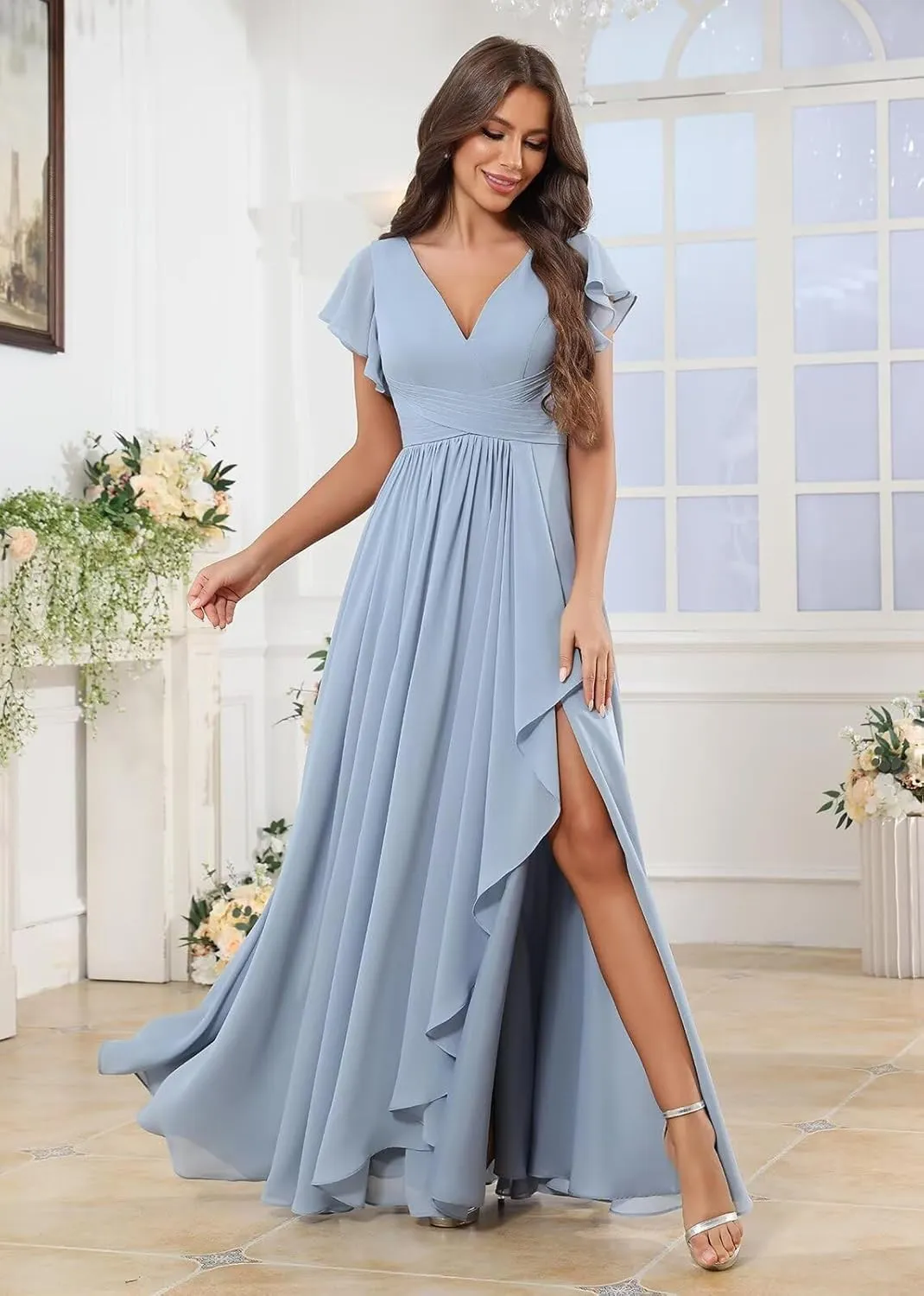 Chiffon Ruffle Sleeve Bridesmaid Dresses for Women Long Ruched A-Line Formal Evening Wedding Guest Dress with Slit
