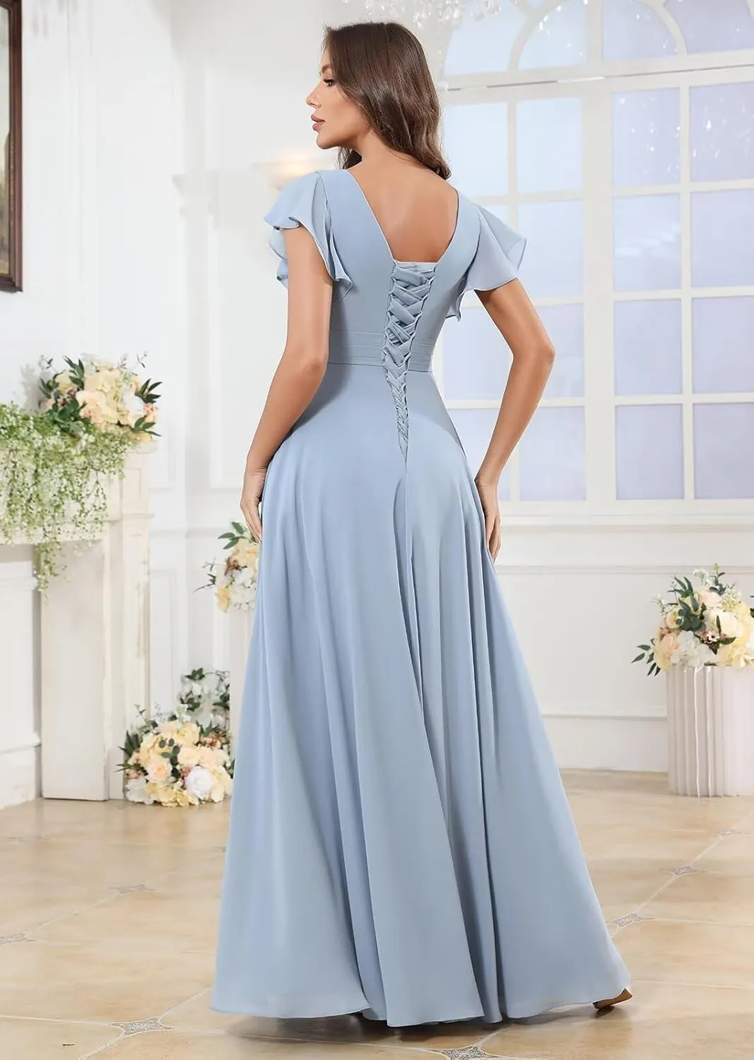 Chiffon Ruffle Sleeve Bridesmaid Dresses for Women Long Ruched A-Line Formal Evening Wedding Guest Dress with Slit