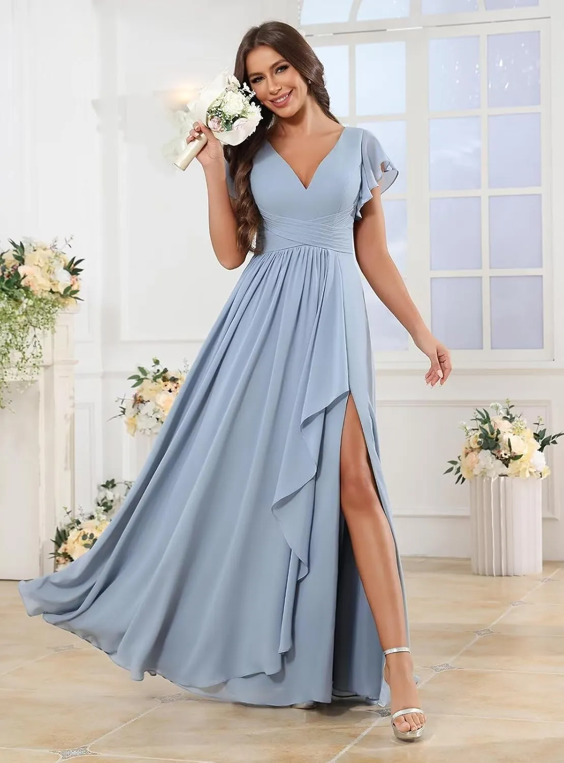 Chiffon Ruffle Sleeve Bridesmaid Dresses for Women Long Ruched A-Line Formal Evening Wedding Guest Dress with Slit