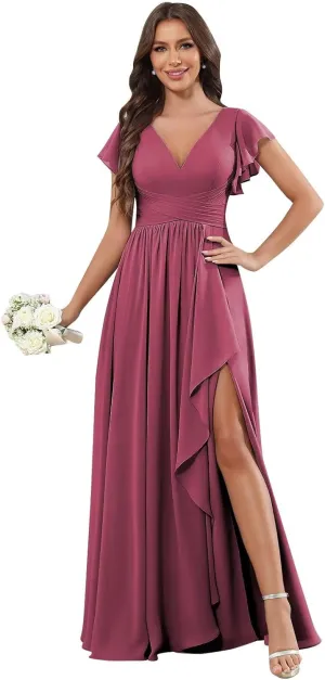 Chiffon Ruffle Sleeve Bridesmaid Dresses for Women Long Ruched A-Line Formal Evening Wedding Guest Dress with Slit