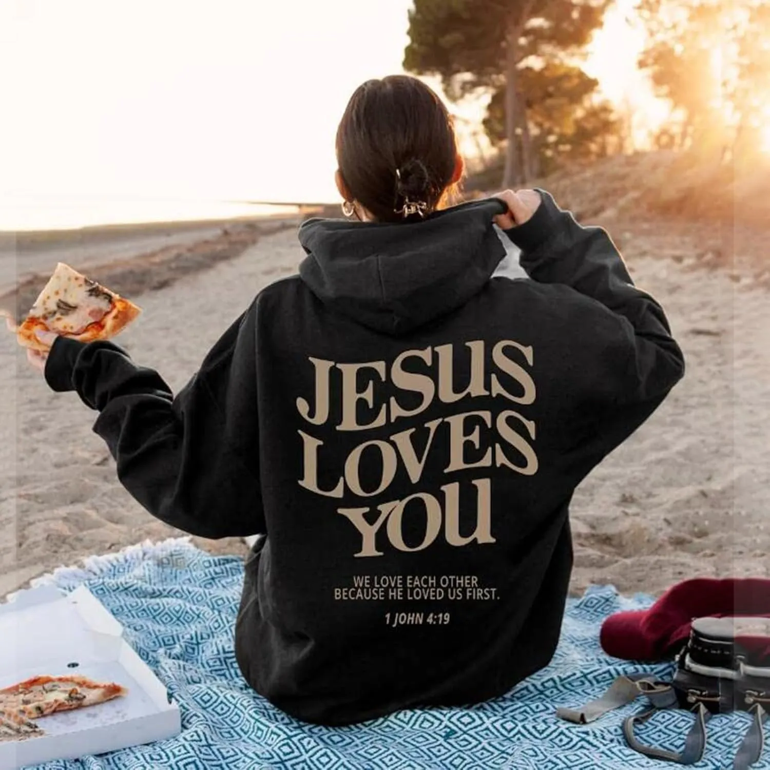 Christian Hoodies for Women Girls Jesus Loves You Letter Graphic Oversized Long Sleeve Pockets Bible Verse Hooded Sweatshirts