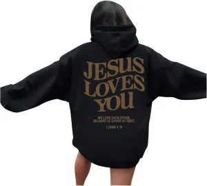 Christian Hoodies for Women Girls Jesus Loves You Letter Graphic Oversized Long Sleeve Pockets Bible Verse Hooded Sweatshirts