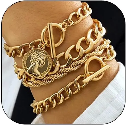 Chunky Gold Bracelet for Women Gold Bracelets Stack Chunky Cuban Link Chain for Women Dainty Boho Silver Paperclip Bracelet Chunky Jewelry Gifts Stocking Stuffers