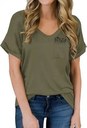 CM C&M WODRO Women's Flower T-Shirt V-Neck Wildflower Graphic Tees with Pocket Floral Shirt Short Sleeve Casual Summer Tops