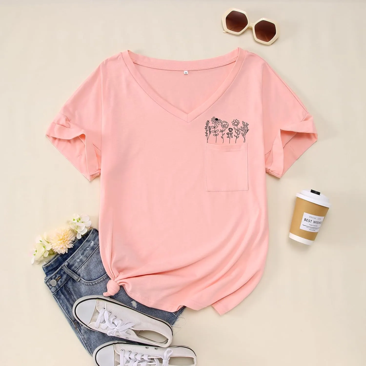 CM C&M WODRO Women's Flower T-Shirt V-Neck Wildflower Graphic Tees with Pocket Floral Shirt Short Sleeve Casual Summer Tops