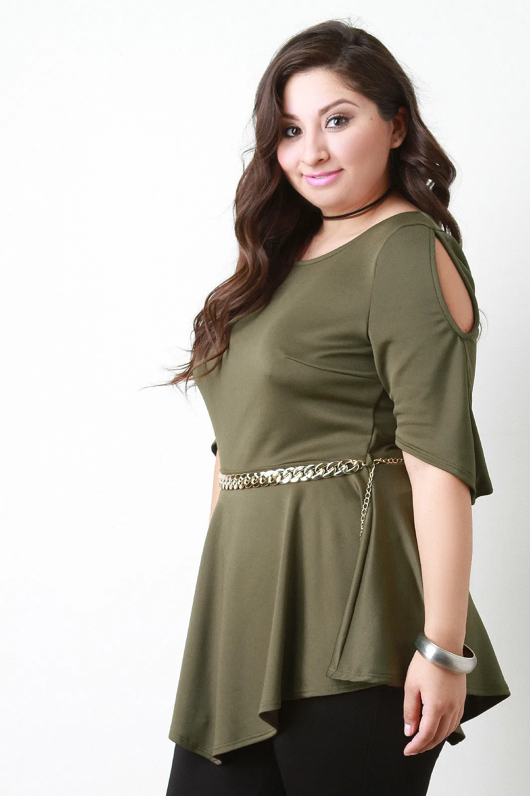 Cold Shoulder Peplum Chain Belted Top