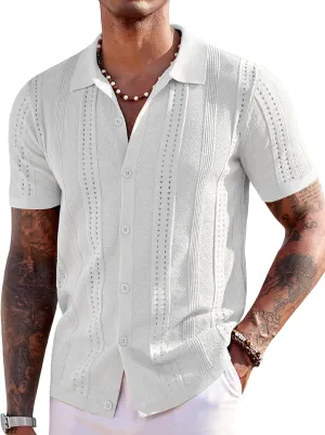 COOFANDY Men's Knit Shirts Short Sleeve Button Down Polo Shirt Fashion Casual Summer Beach Shirts