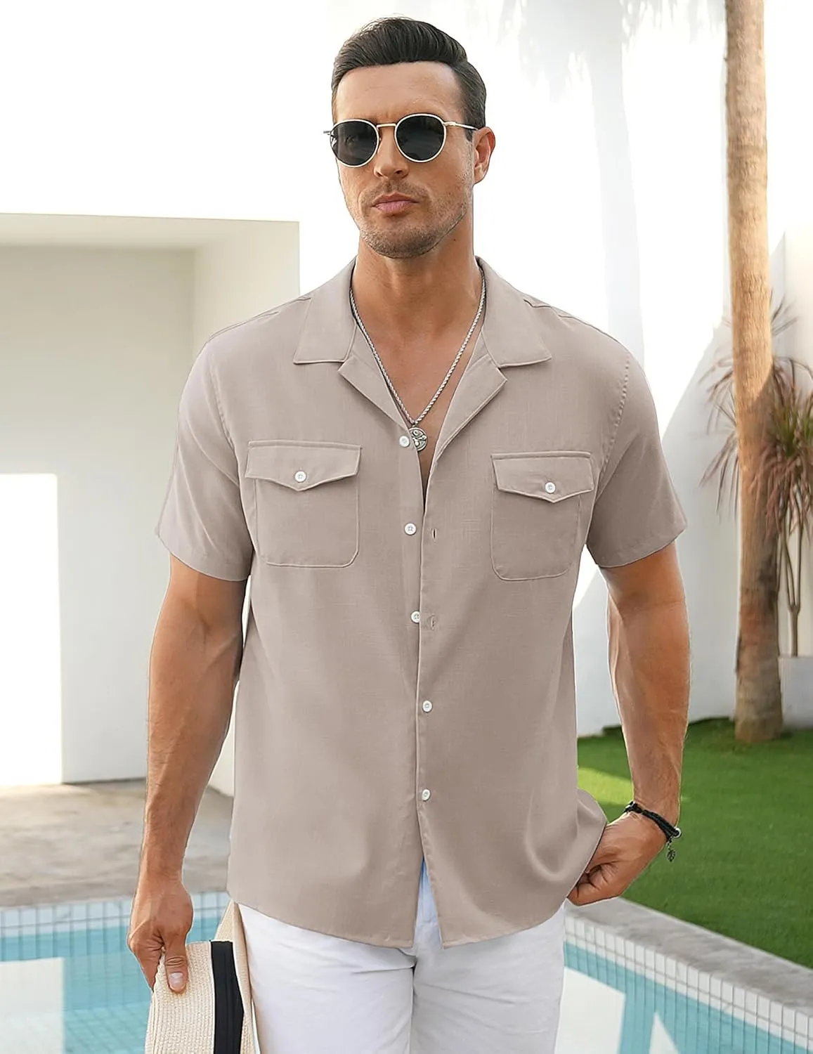COOFANDY Men's Linen Short Sleeve Button Down Shirt Casual Cuban Collar Summer Beach Shirts Vacation Essentials