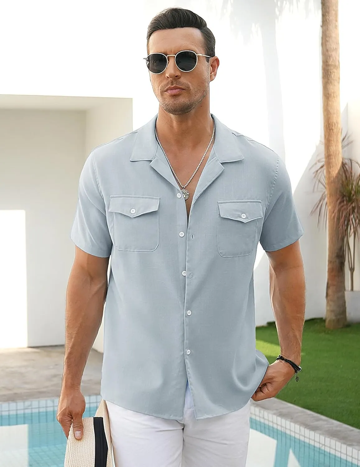 COOFANDY Men's Linen Short Sleeve Button Down Shirt Casual Cuban Collar Summer Beach Shirts Vacation Essentials