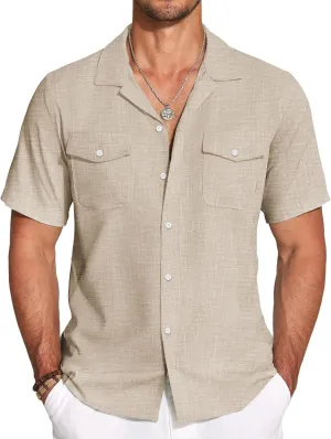 COOFANDY Men's Linen Short Sleeve Button Down Shirt Casual Cuban Collar Summer Beach Shirts Vacation Essentials