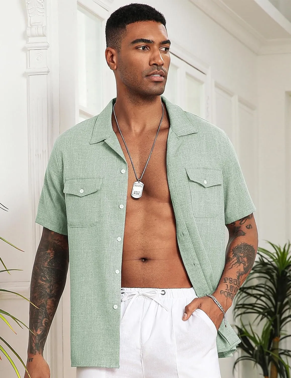 COOFANDY Men's Linen Short Sleeve Button Down Shirt Casual Cuban Collar Summer Beach Shirts Vacation Essentials