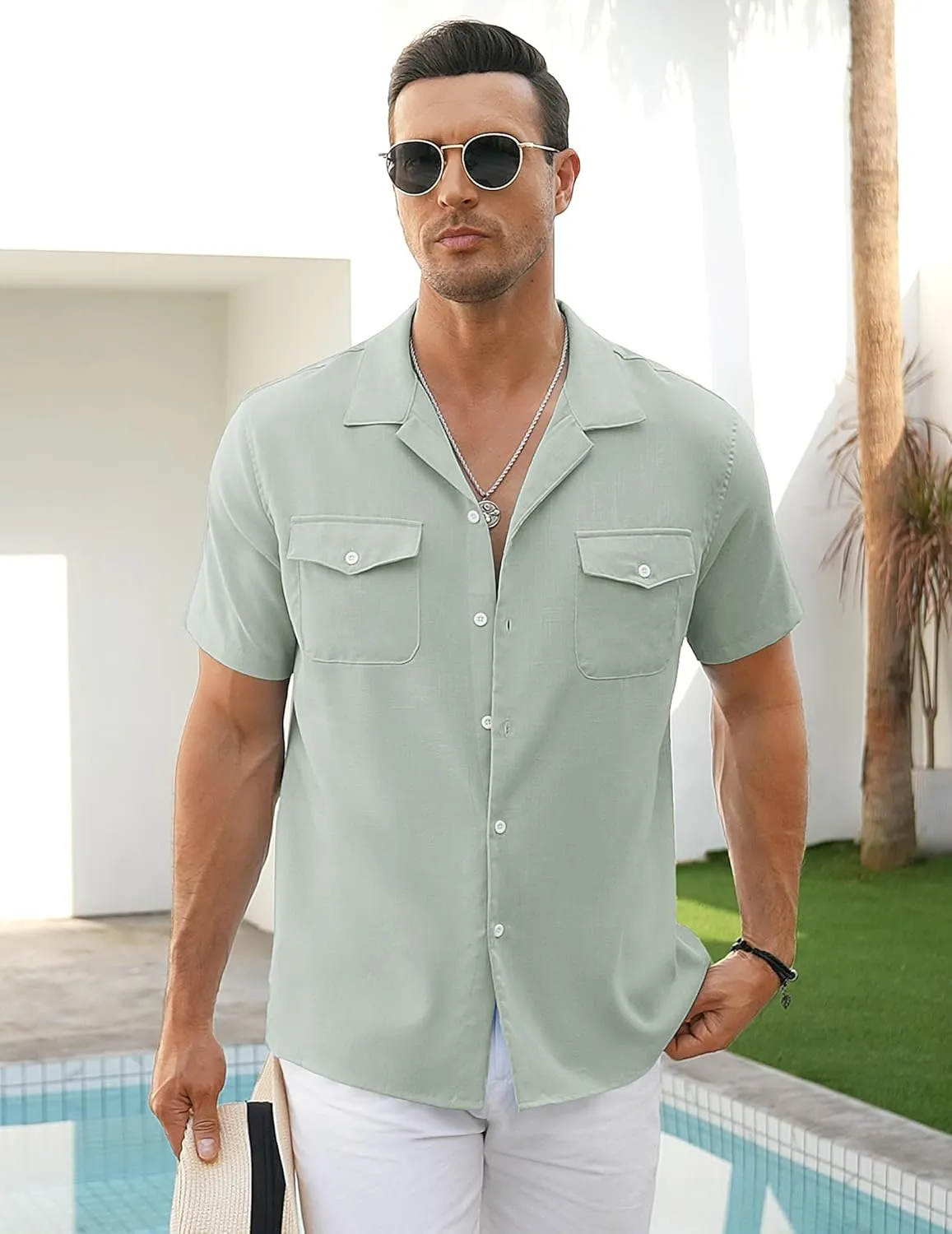 COOFANDY Men's Linen Short Sleeve Button Down Shirt Casual Cuban Collar Summer Beach Shirts Vacation Essentials