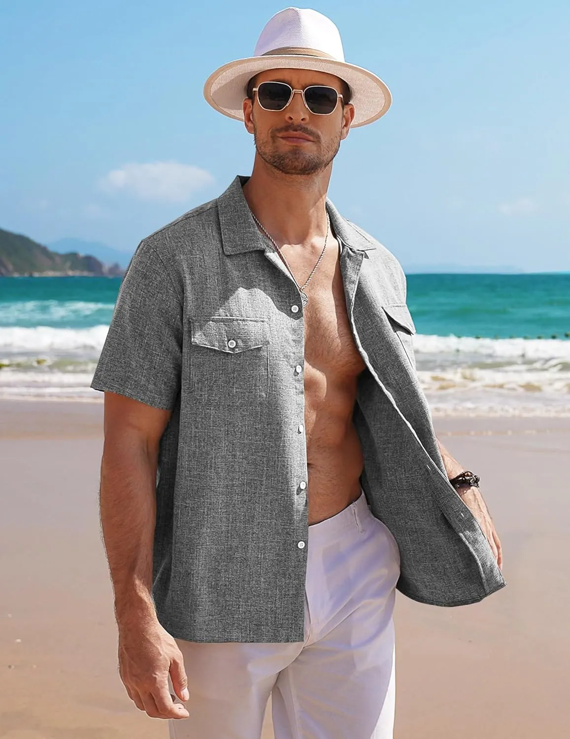 COOFANDY Men's Linen Short Sleeve Button Down Shirt Casual Cuban Collar Summer Beach Shirts Vacation Essentials