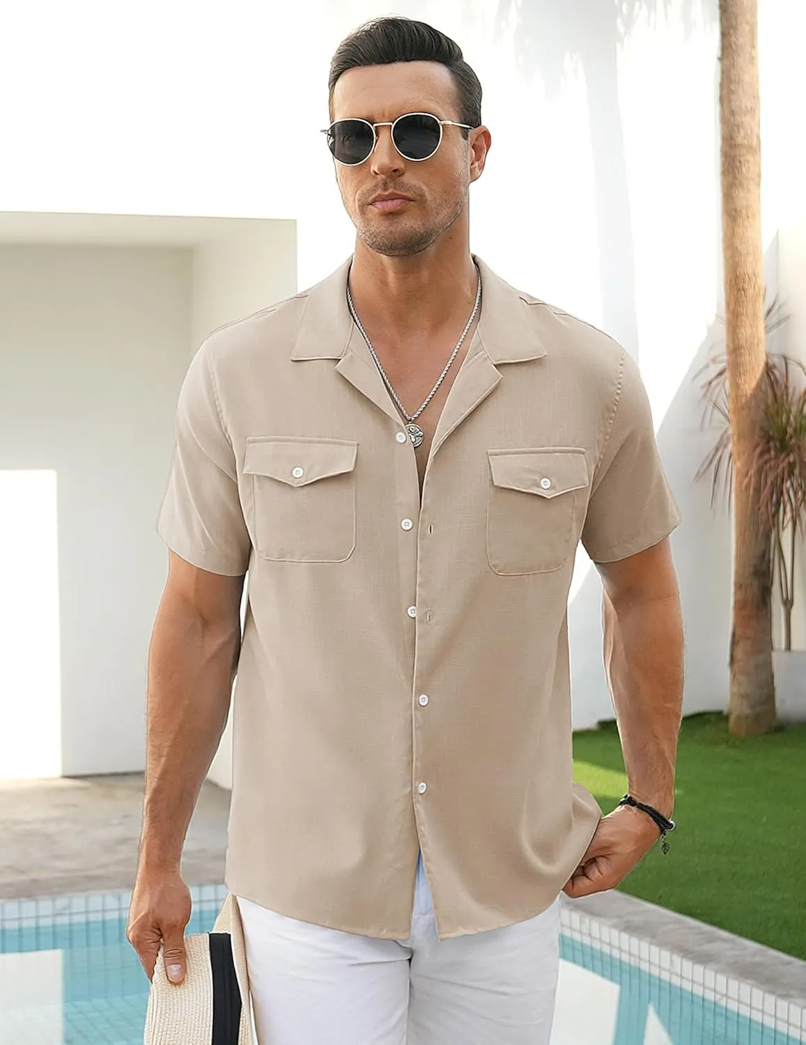 COOFANDY Men's Linen Short Sleeve Button Down Shirt Casual Cuban Collar Summer Beach Shirts Vacation Essentials