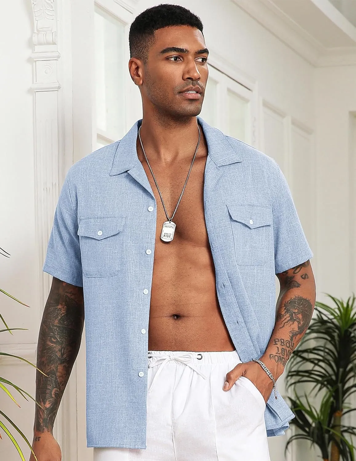 COOFANDY Men's Linen Short Sleeve Button Down Shirt Casual Cuban Collar Summer Beach Shirts Vacation Essentials