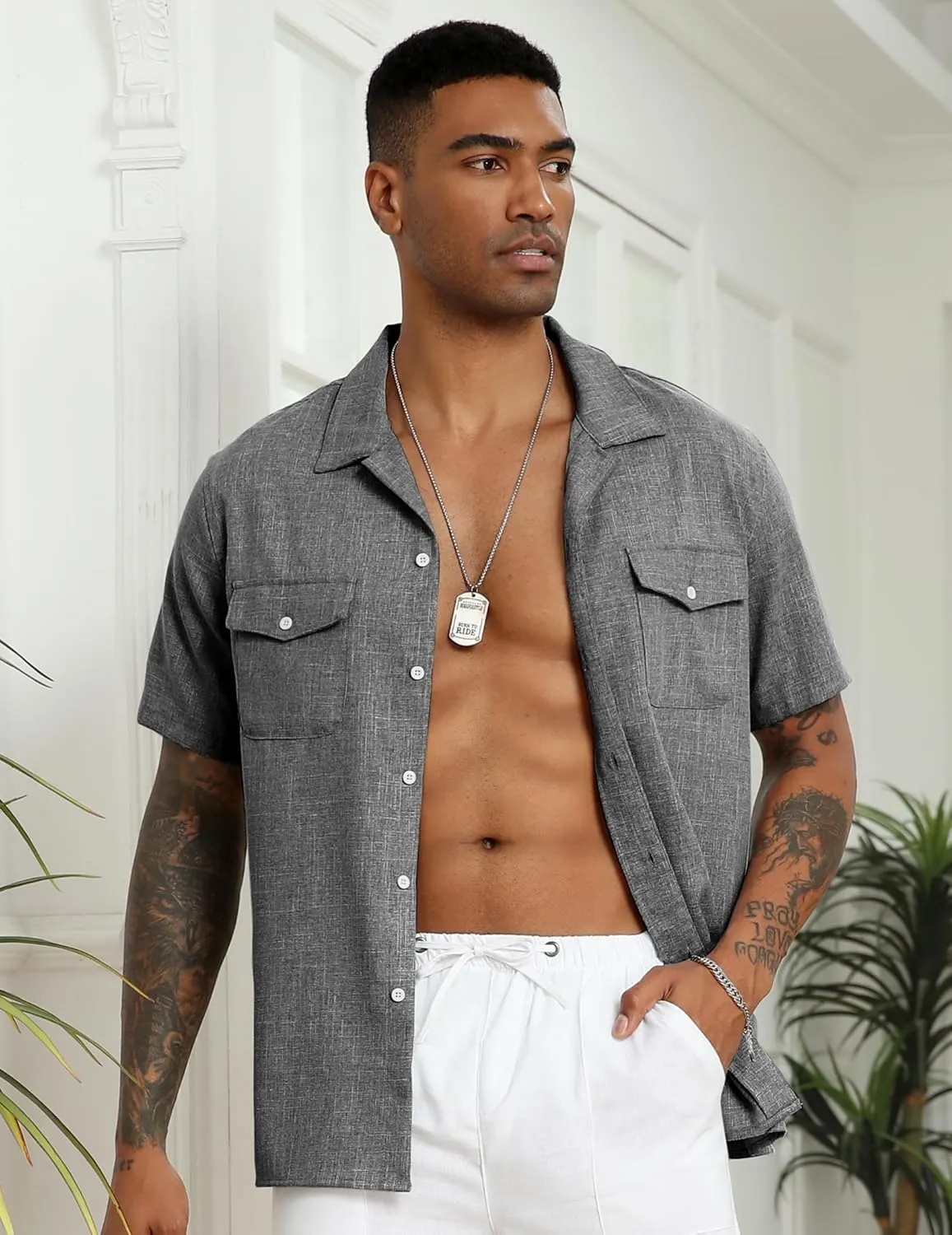 COOFANDY Men's Linen Short Sleeve Button Down Shirt Casual Cuban Collar Summer Beach Shirts Vacation Essentials