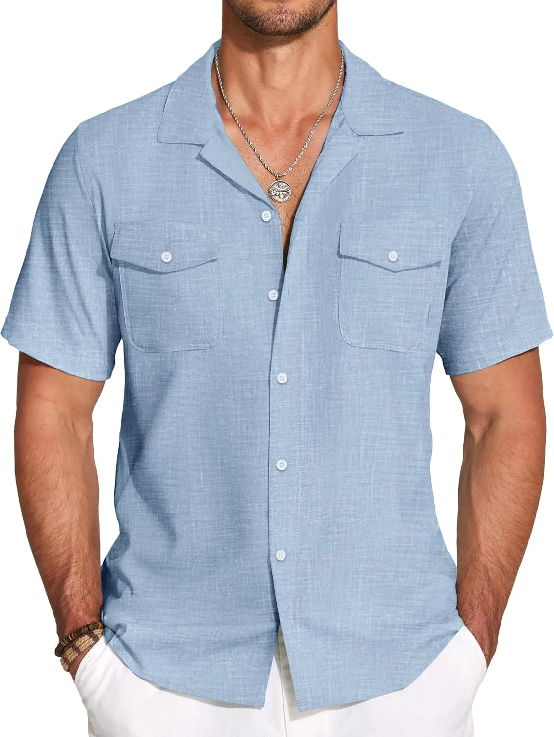 COOFANDY Men's Linen Short Sleeve Button Down Shirt Casual Cuban Collar Summer Beach Shirts Vacation Essentials