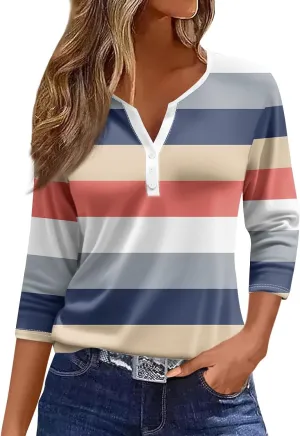 COTECRAM Tops for Women 2024 Summer Casual 3/4 Length Sleeve Button V Neck T Shirts Boho Floral Graphic Tees Loose Tunics