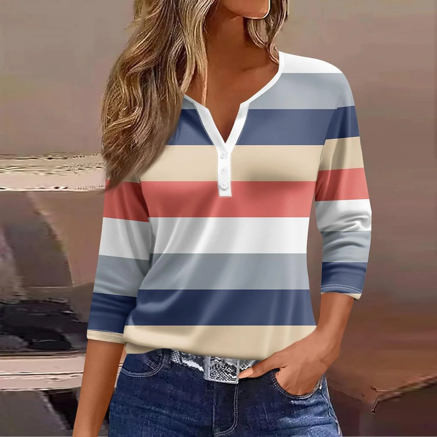 COTECRAM Tops for Women 2024 Summer Casual 3/4 Length Sleeve Button V Neck T Shirts Boho Floral Graphic Tees Loose Tunics