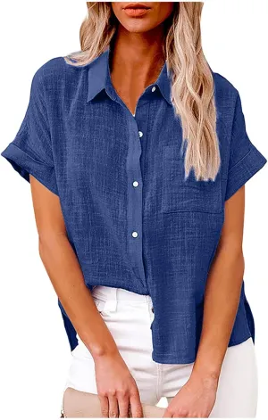 Cotton Linen Button Down Shirts for Women V Neck Collared Blouse Short Sleeve Business Work Tops Summer Gauze Shirt