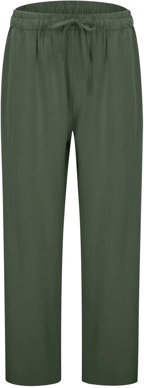 Cotton Linen Pants for Women 2025 Elastic Waist Baggy Summer Pants Wide Leg Comfy Breathable Lounge Pant with Pockets