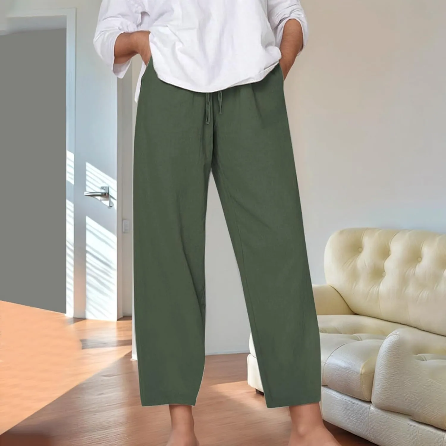 Cotton Linen Pants for Women 2025 Elastic Waist Baggy Summer Pants Wide Leg Comfy Breathable Lounge Pant with Pockets