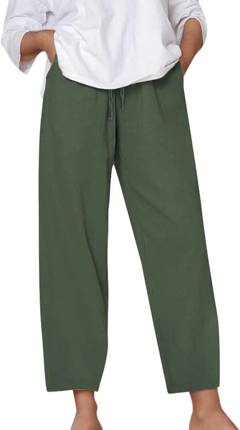 Cotton Linen Pants for Women 2025 Elastic Waist Baggy Summer Pants Wide Leg Comfy Breathable Lounge Pant with Pockets