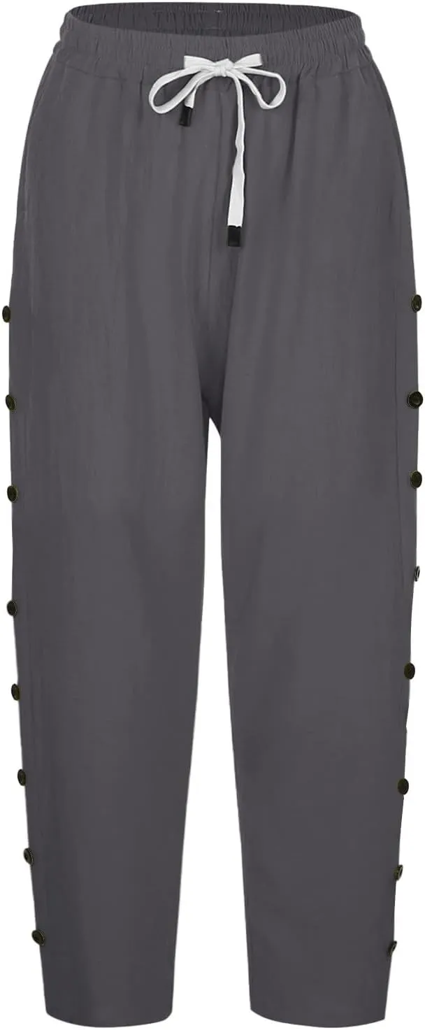 Cotton Linen Pants for Women Casual 2025 Summer Elastic Waist Capris Pants Trendy Straight Wide Leg Cropped Trouser