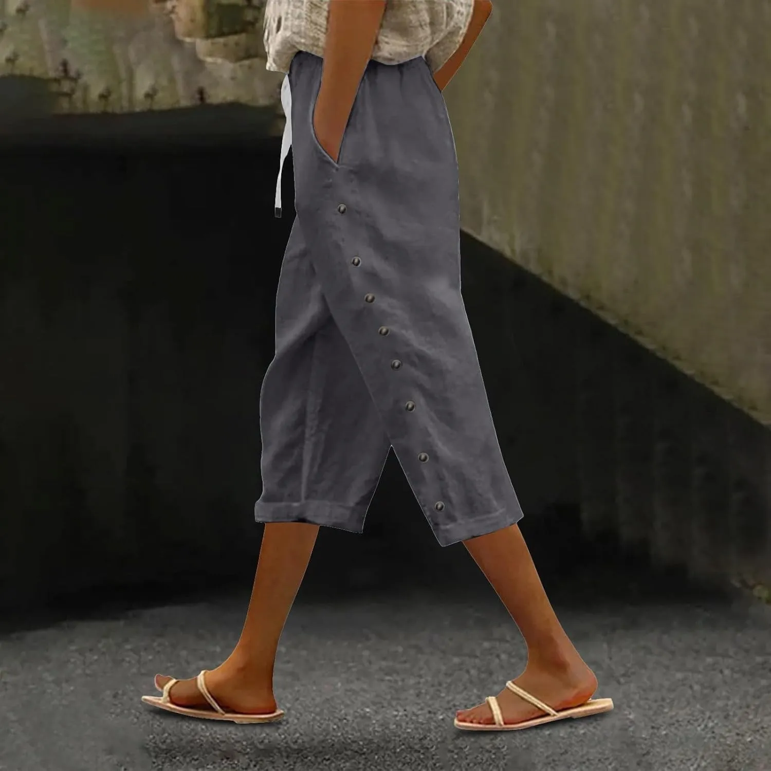 Cotton Linen Pants for Women Casual 2025 Summer Elastic Waist Capris Pants Trendy Straight Wide Leg Cropped Trouser