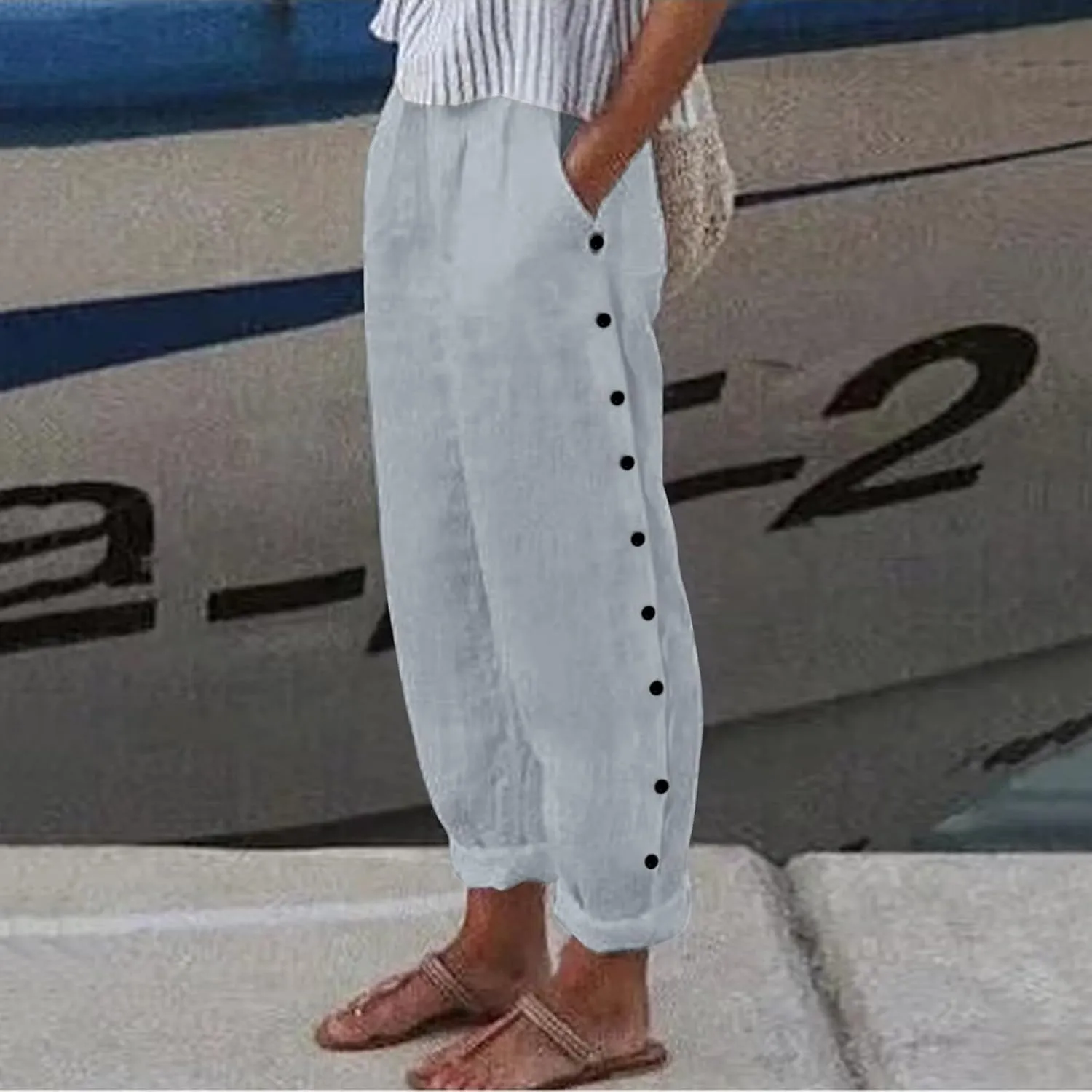 Cotton Linen Pants Women Straight Leg Casual Button Up Baggy Pants Loose Fit Elastic High Waist Beach Comfy Trousers