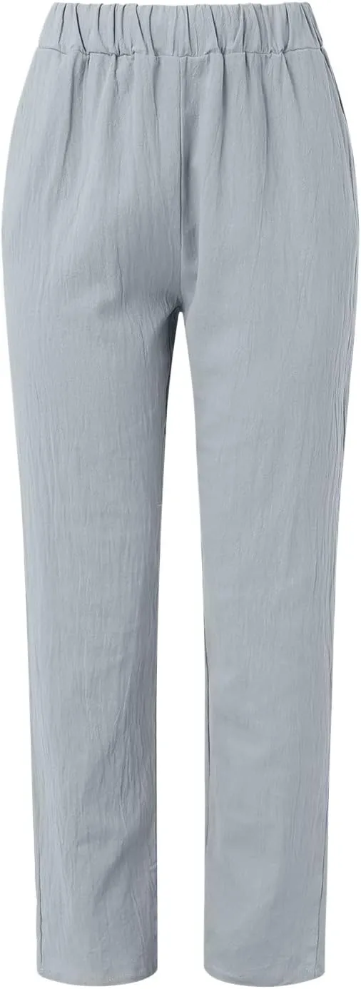 Cotton Linen Pants Women Straight Leg Casual Button Up Baggy Pants Loose Fit Elastic High Waist Beach Comfy Trousers