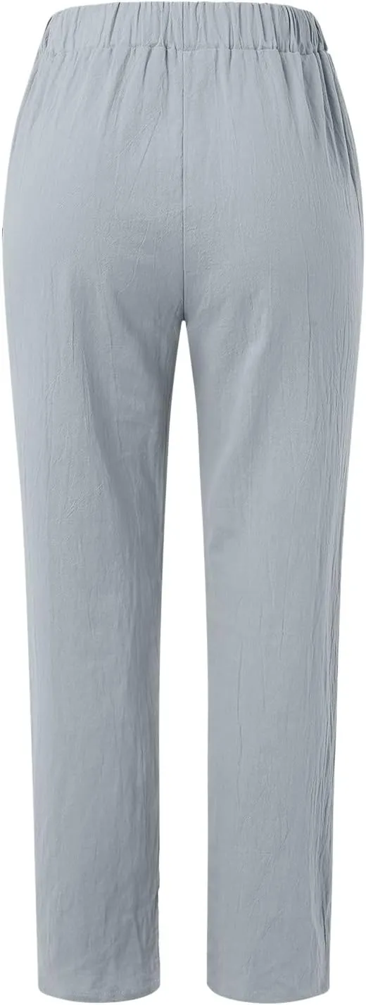 Cotton Linen Pants Women Straight Leg Casual Button Up Baggy Pants Loose Fit Elastic High Waist Beach Comfy Trousers