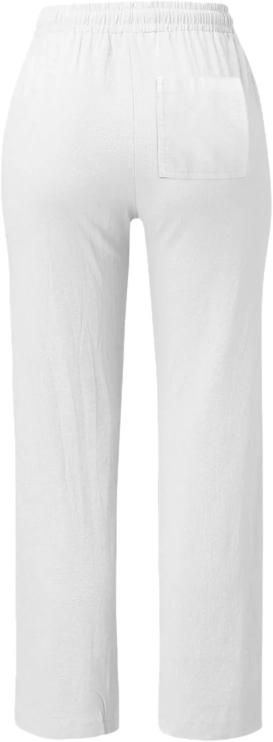Cotton Linen Pants Women Straight Leg Lightweight Casual Trousers Summer Baggy Drawstring Lounge Pants with Pockets