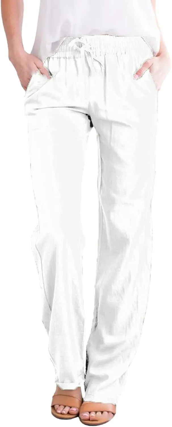 Cotton Linen Pants Women Straight Leg Lightweight Casual Trousers Summer Baggy Drawstring Lounge Pants with Pockets