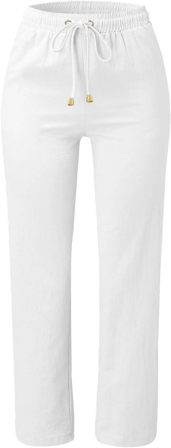 Cotton Linen Pants Women Straight Leg Lightweight Casual Trousers Summer Baggy Drawstring Lounge Pants with Pockets