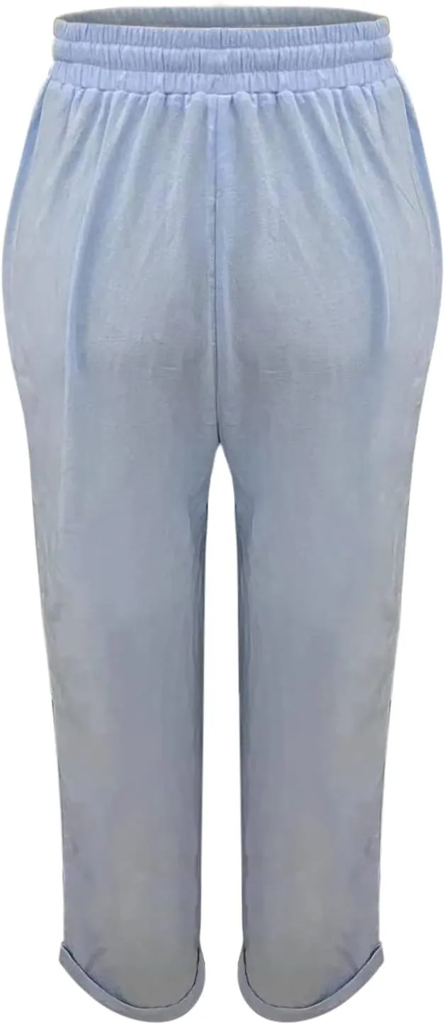 Cotton Linen Pants Women Summer Baggy Straight Leg Casual Pants Drawstring Waist Lightweight Lounge Pant with Pockets