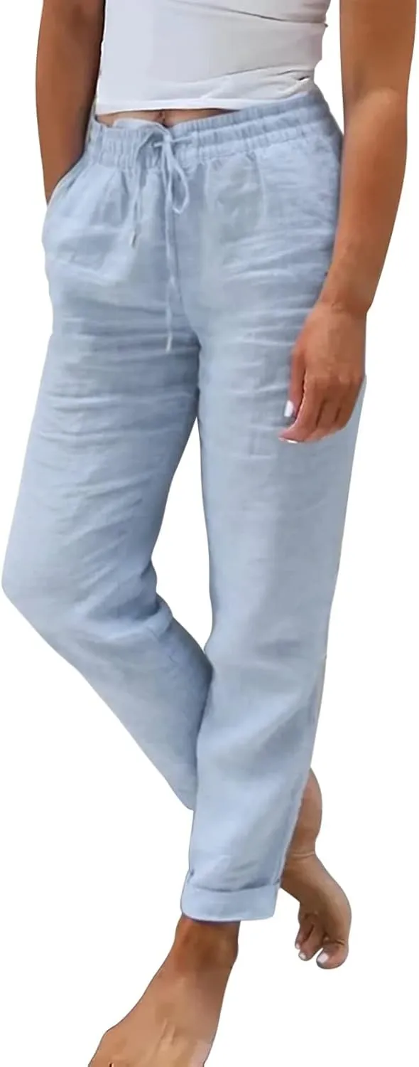 Cotton Linen Pants Women Summer Baggy Straight Leg Casual Pants Drawstring Waist Lightweight Lounge Pant with Pockets