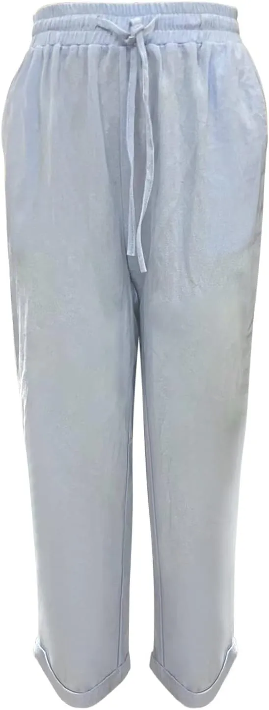 Cotton Linen Pants Women Summer Baggy Straight Leg Casual Pants Drawstring Waist Lightweight Lounge Pant with Pockets