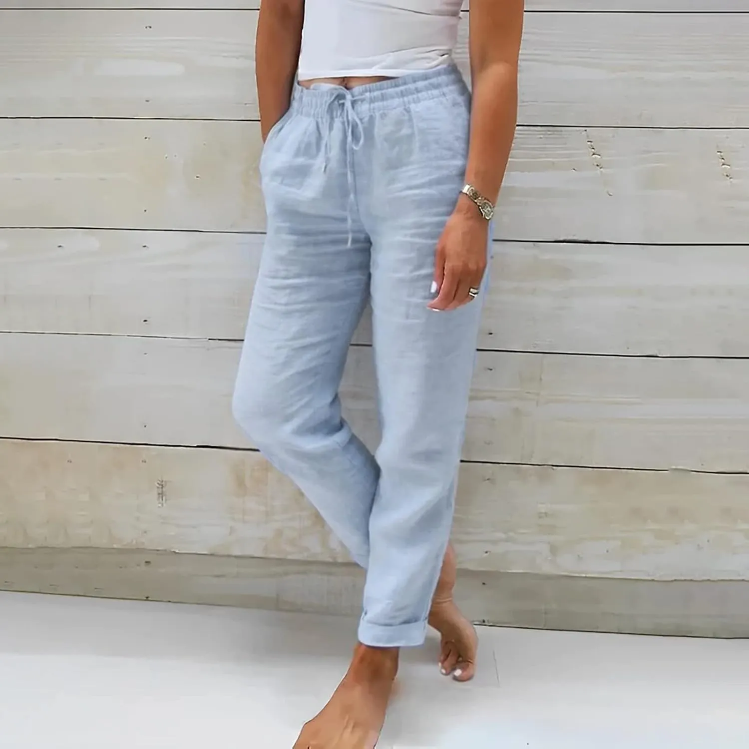 Cotton Linen Pants Women Summer Baggy Straight Leg Casual Pants Drawstring Waist Lightweight Lounge Pant with Pockets