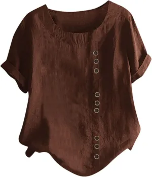 Cotton Linen Tops for Women 2025 Summer Dressy Casual Plus Size Shirt Trendy Short Sleeve Crewneck Tunic Blouses
