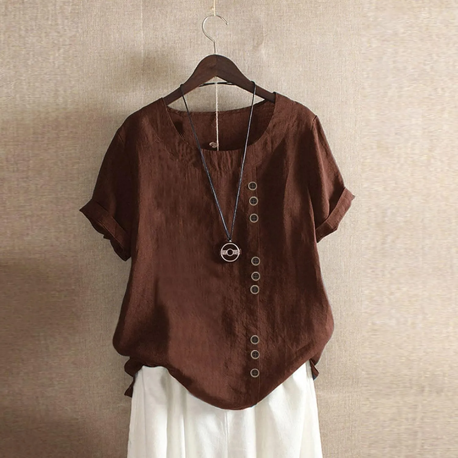 Cotton Linen Tops for Women 2025 Summer Dressy Casual Plus Size Shirt Trendy Short Sleeve Crewneck Tunic Blouses