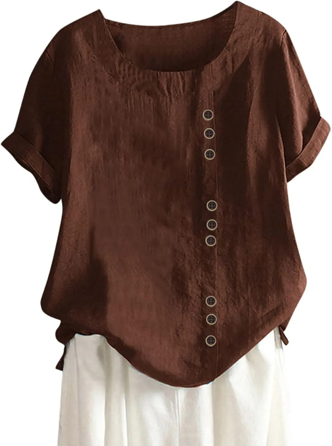 Cotton Linen Tops for Women 2025 Summer Dressy Casual Plus Size Shirt Trendy Short Sleeve Crewneck Tunic Blouses