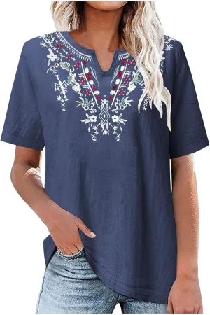 Cotton Shirts for Women Fashion Embroidery Short Sleeve Tops Casual Loose Fit Summer Blouses Comfy Size T-Shirts