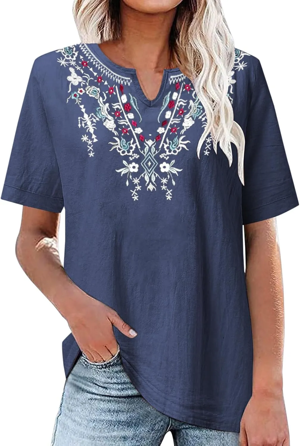 Cotton Shirts for Women Fashion Embroidery Short Sleeve Tops Casual Loose Fit Summer Blouses Comfy Size T-Shirts