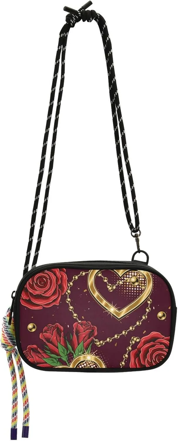 Crossbody Bag Gold Chains Heart Rose Cell Phone Purse Wallet with Credit Card Slots Multicolor Handbag with Adjustable Strap Fits Phone Keys And More