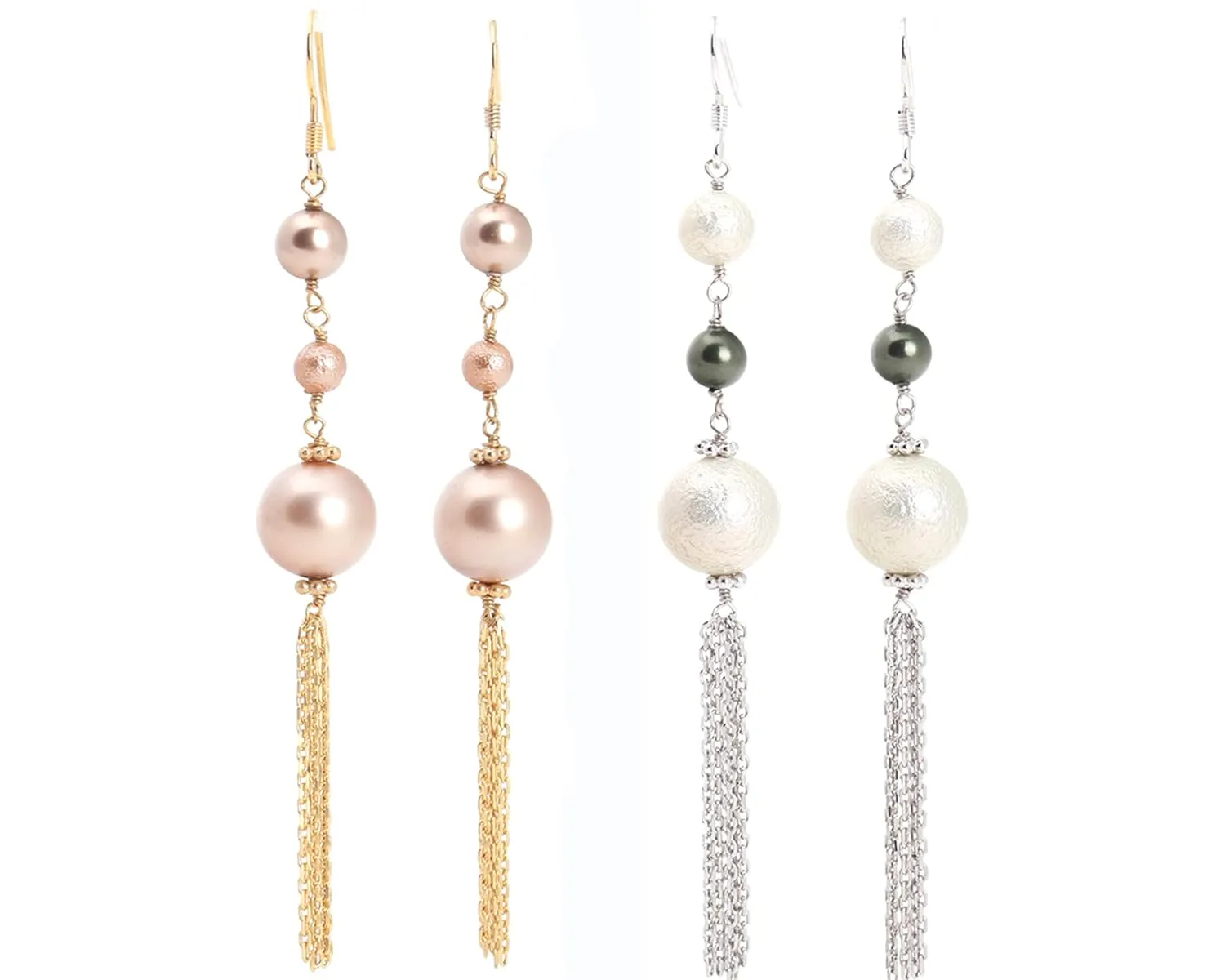Crystal Pearls Cluster Drop Earrings, Long Chain Earrings, Rhodium Plated 925 sterling silver Dangle Earrings