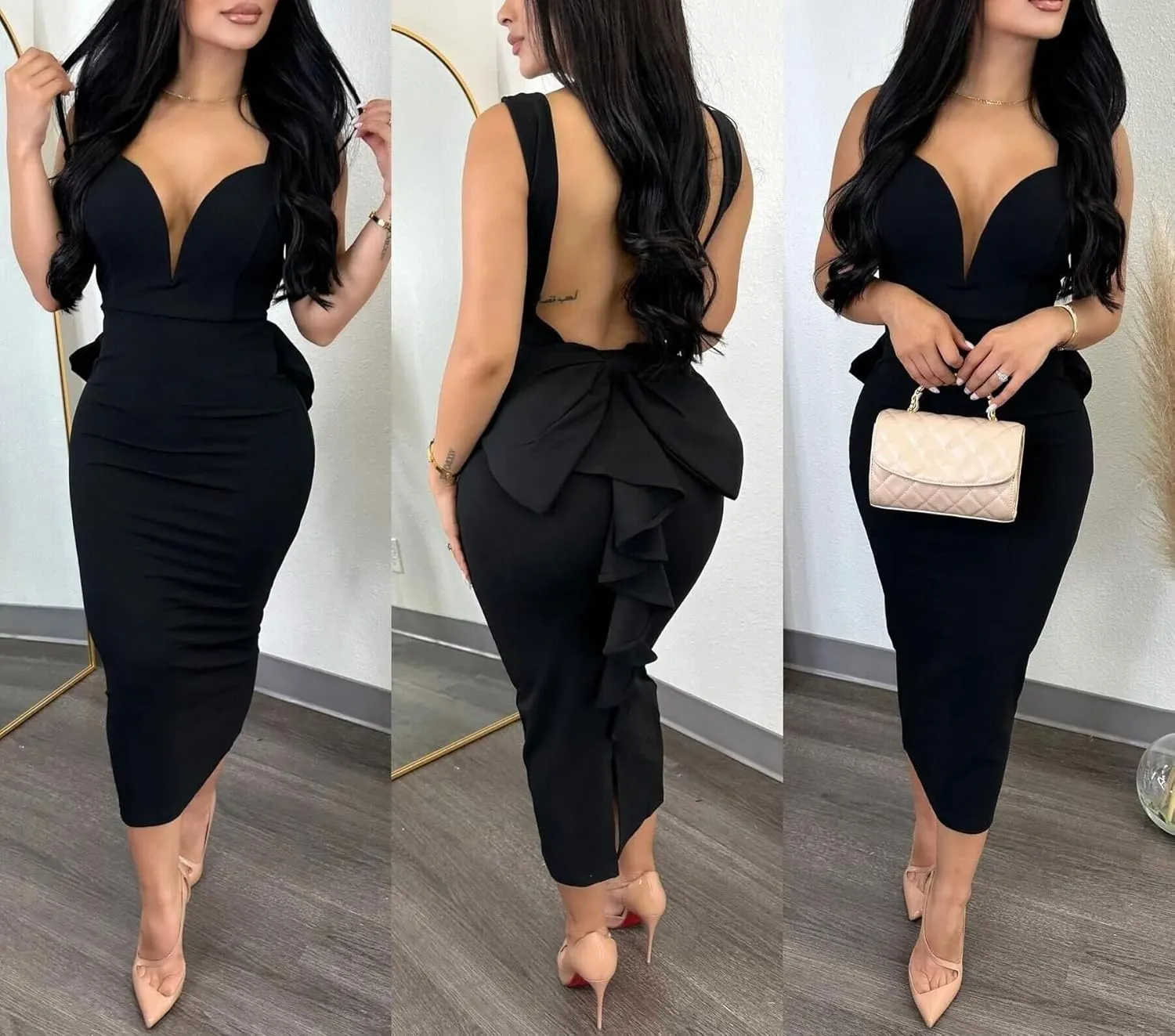 cu4eve Sexy Cocktail Dress for Women Backless Sleeveless V Neck Bow Open Back Midi Bodycon Homecoming Dresses Plus Size