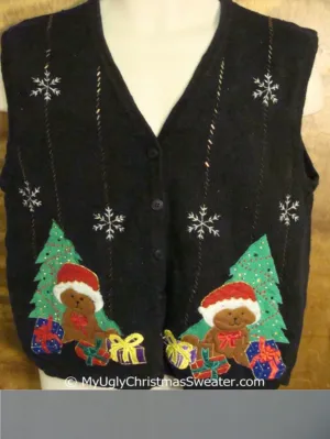 Cute Teddy Bears by the Tree Cheap Christmas Sweater Vest