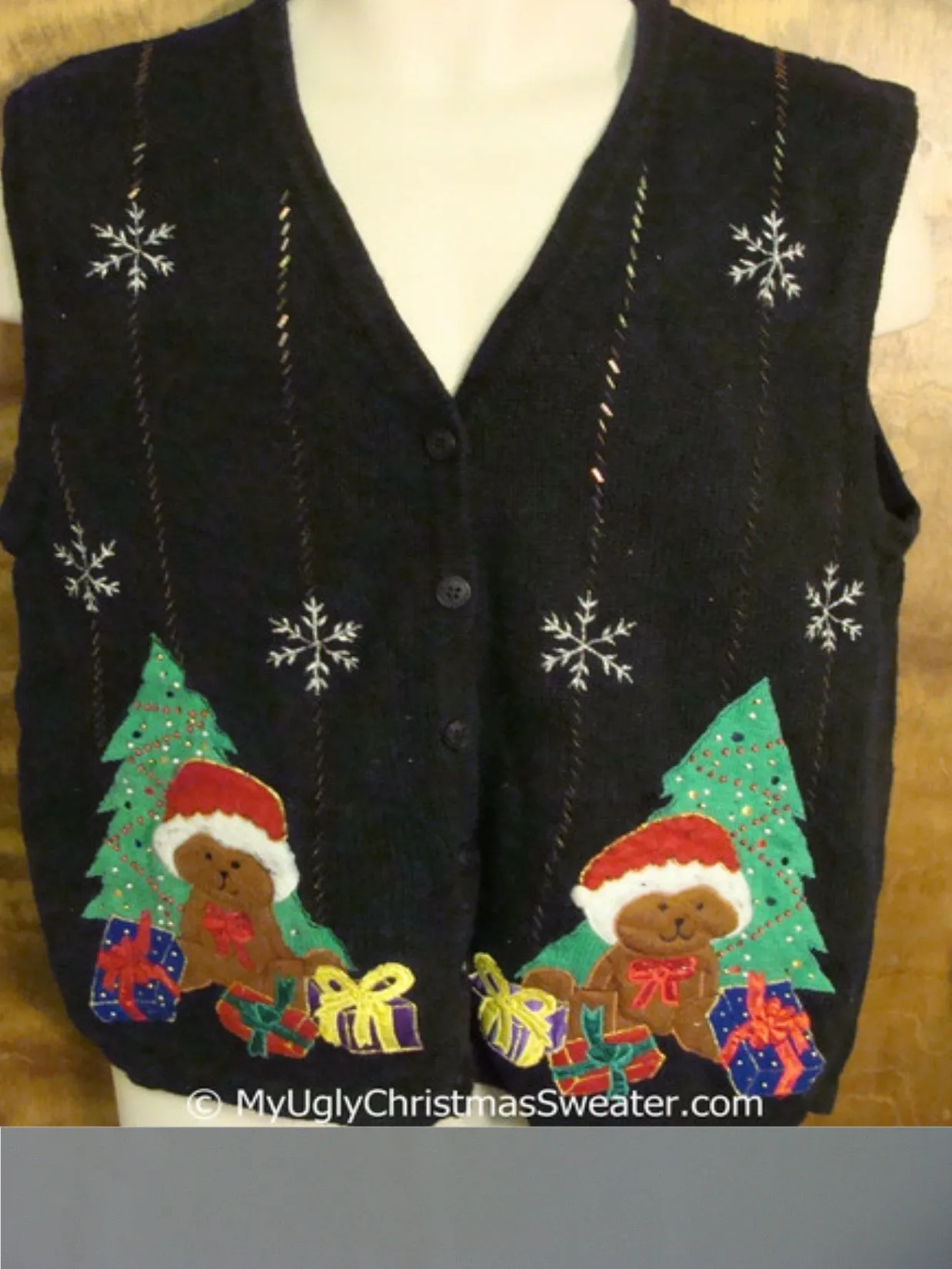Cute Teddy Bears by the Tree Cheap Christmas Sweater Vest