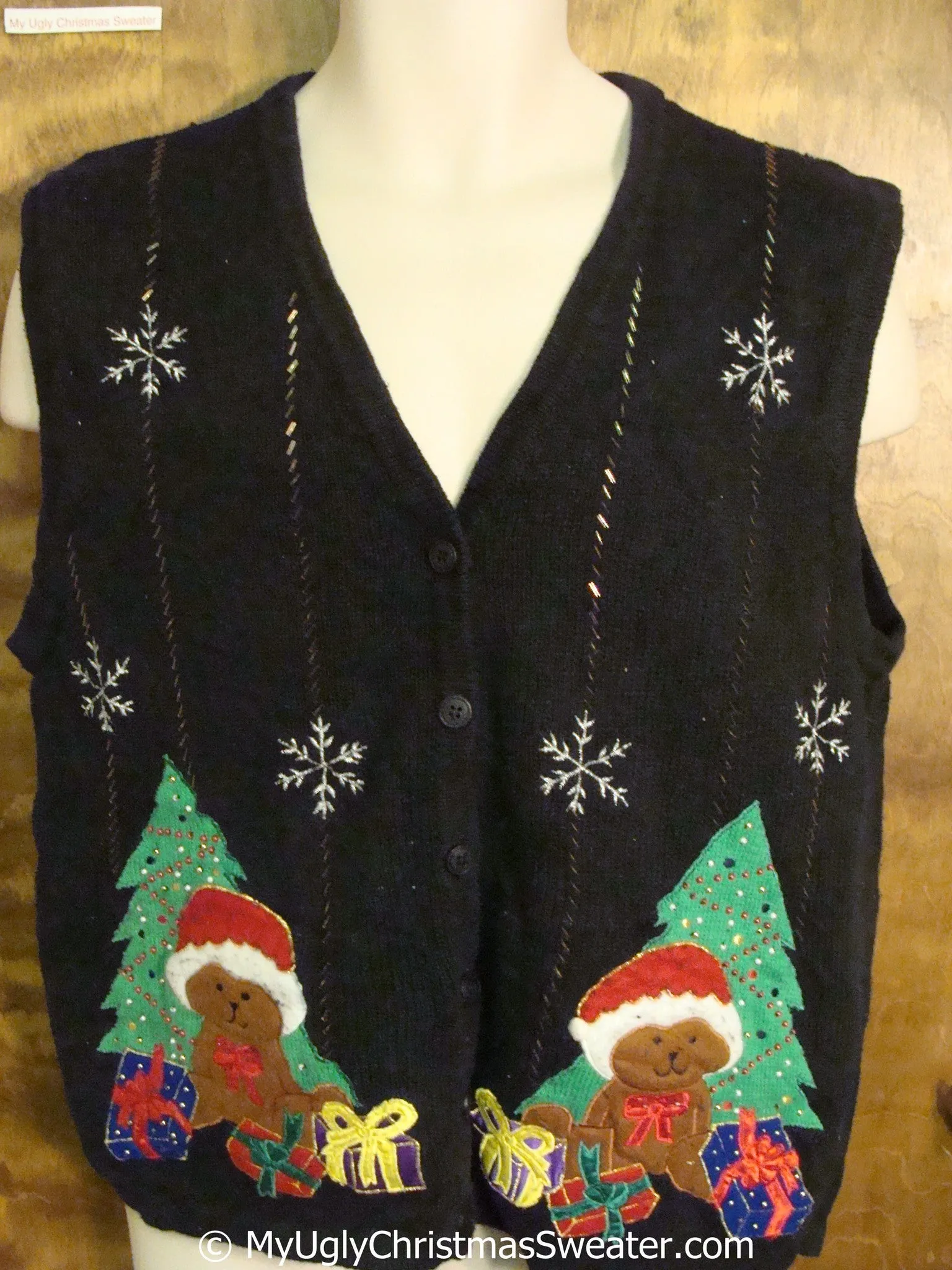 Cute Teddy Bears by the Tree Cheap Christmas Sweater Vest